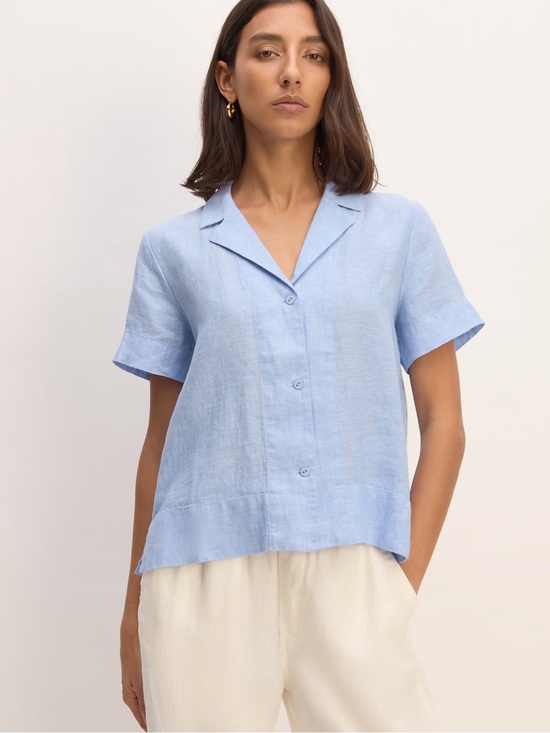 Everlane Tops - Everlane Linen Short Sleeve Notch Shirt Button Up Light Blue XL